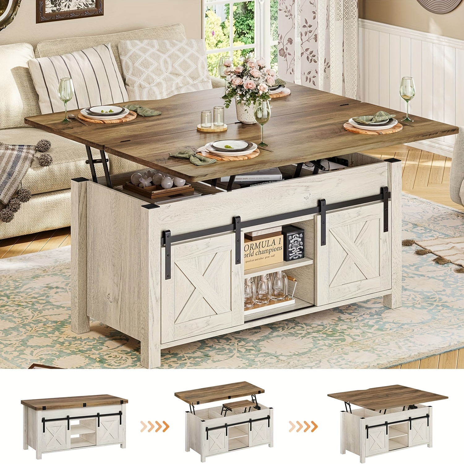 TEMU Farmhouse Lift Top Coffee Table With Hidden Compartments And Open Shelves, Center Table With Sliding Barn Door For Living Room Home Office Restaurant, & Brown