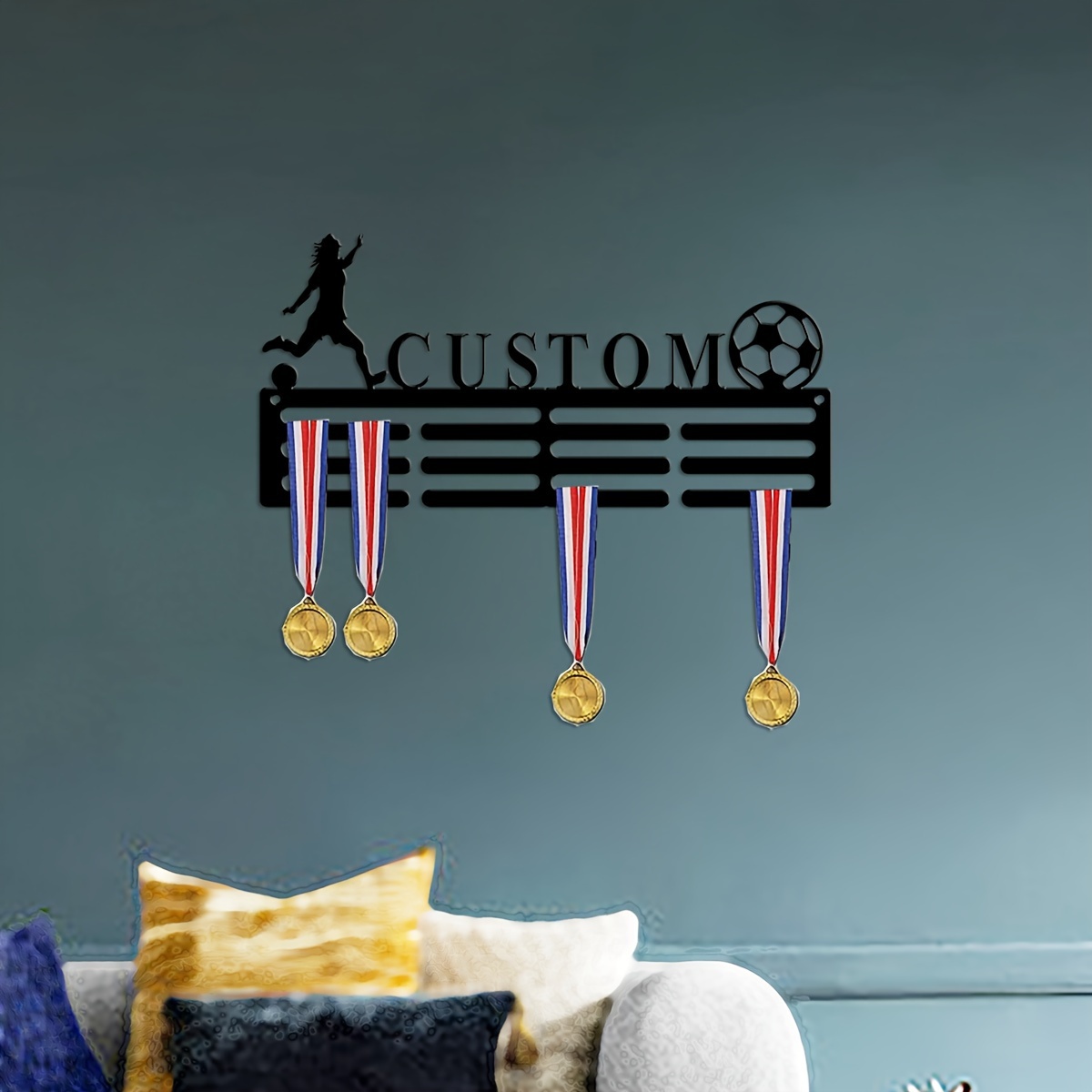 

Custom Medal Holder, Personalized Metal Wall Hanging, Vintage Style, 12 Rungs For Medals & Ribbons, Soccer Display, Home Decor, Entryway Decor, No Power Required