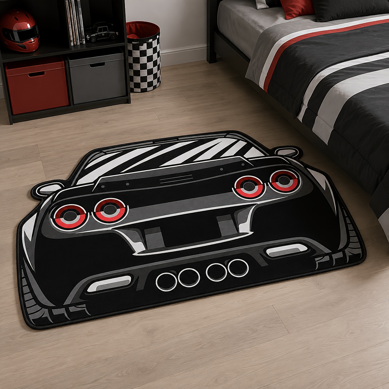 TEMU 1pc Creative Black Sports Car Shaped Rug, Trendy Car Silhouette Abstract Art Decorative Carpet, Fluffy Soft Comfortable Bedroom Living Room Area
