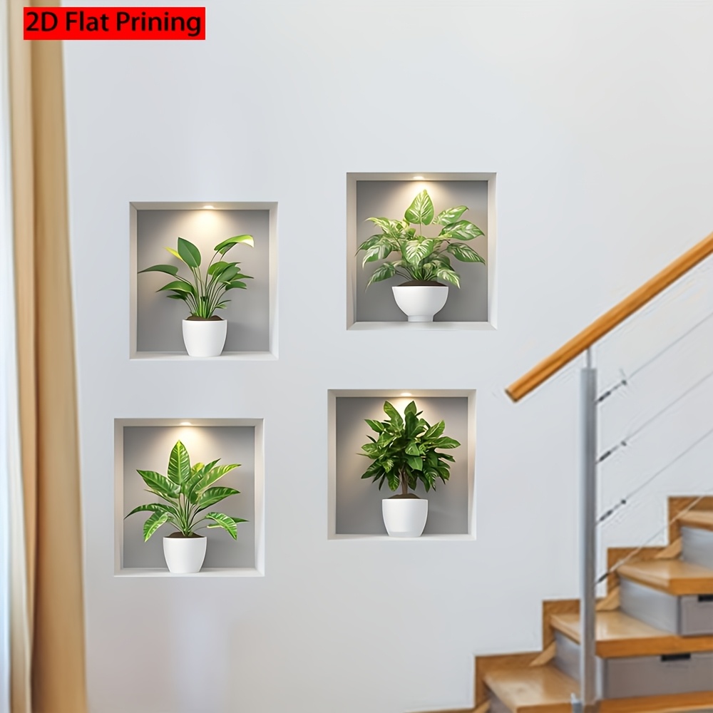 Image of 4pcs Green Plant Wall Stickers, Creative Diy Peel And Stick Removable Adhesive Decals Suitable For Home Art Room Bedroom Background Decoration