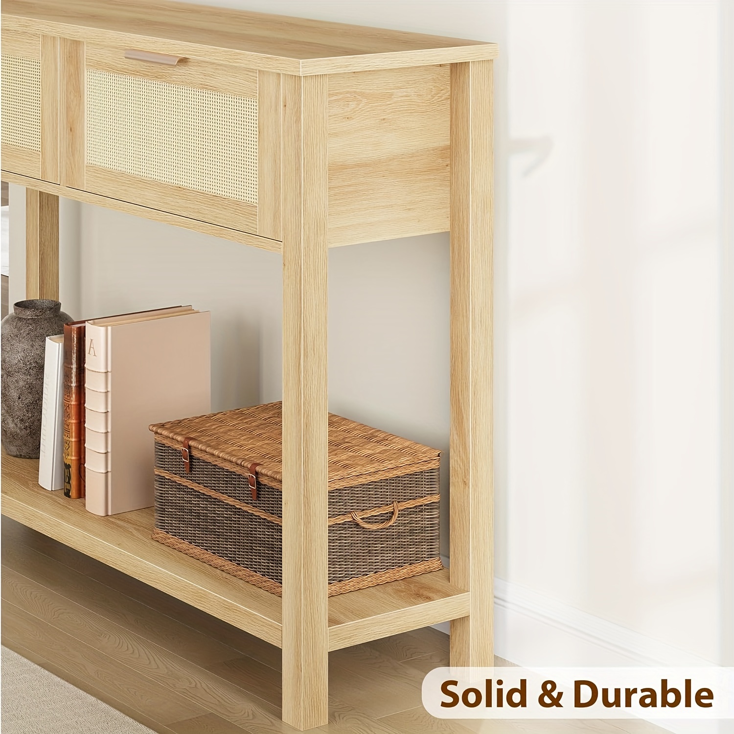 Superjoe Rattan Console Table, Boho Entryway Table With 2 Drawers And