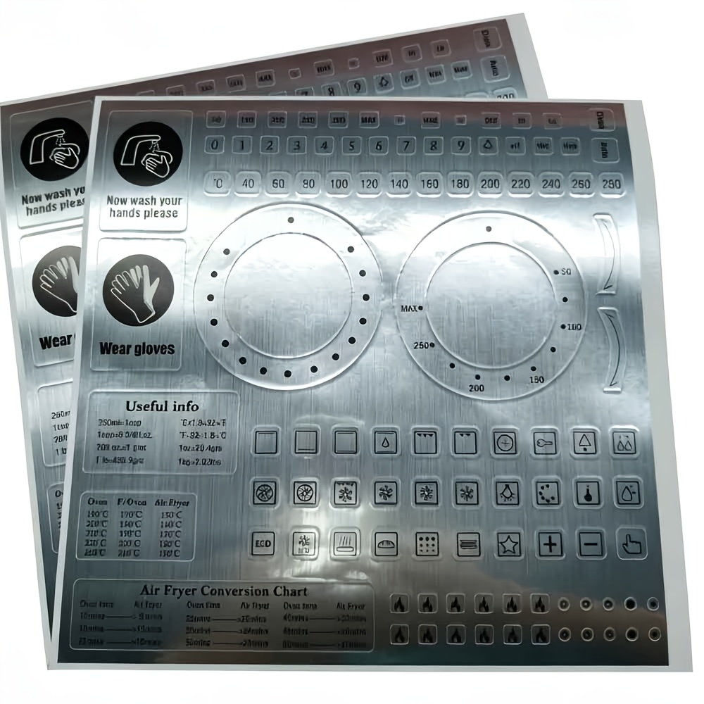 TEMU 2 Feuilles/206 Autocollants Argentés Brossés pour Panneau de Commande d'Appareil de Cuisine, Autocollants Étiquette de Cuisinière, Autocollant