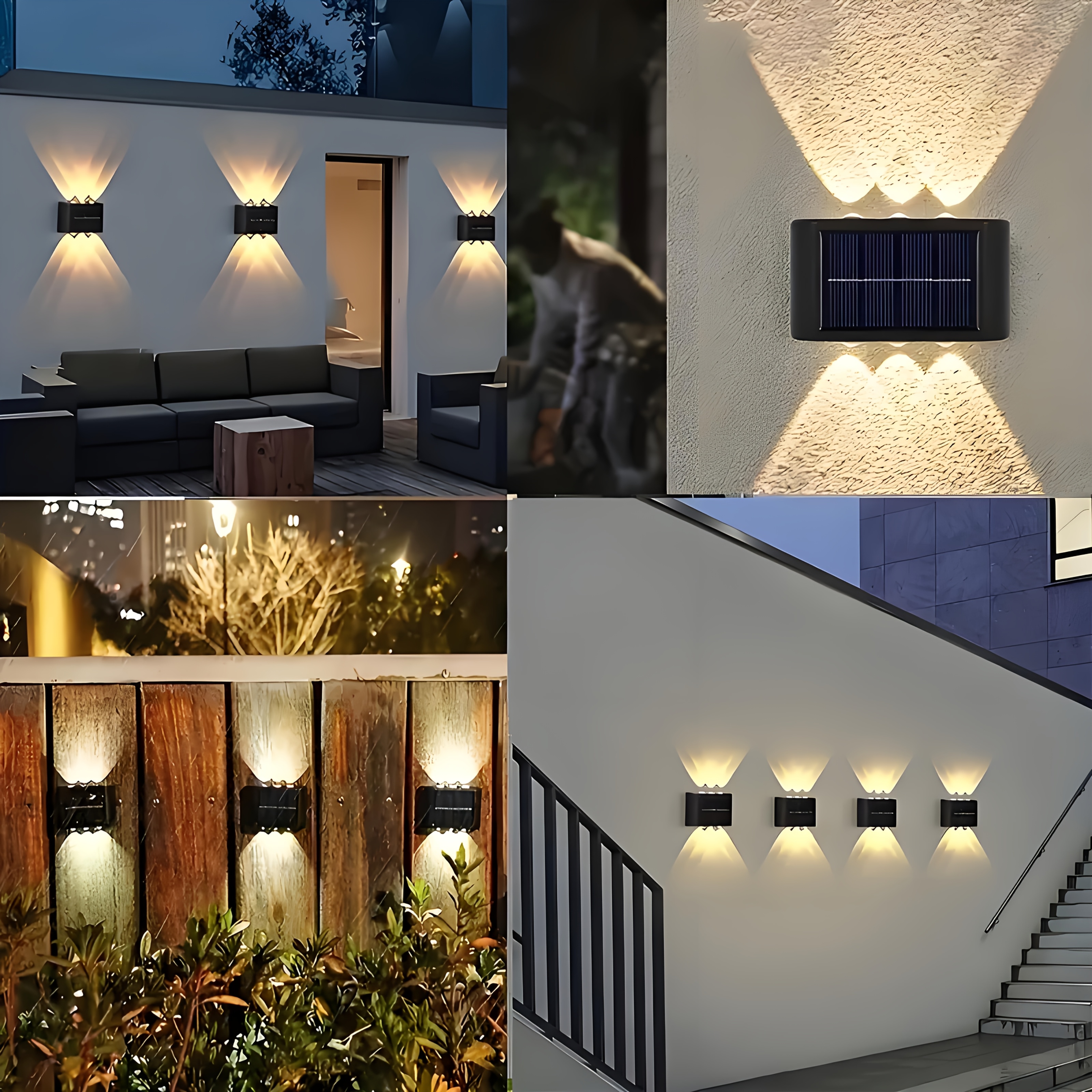 Set de 6 LED-uri, 2 bucăți, Lămpi solare de perete pentru exterior, Lumină de noapte portabilă, Lămpi ambientale de perete, Moduri de iluminare reglabile, Nu necesită încărcare, Instalare ușoară, Potrivite pentru garduri de grădină, verande, garaje exterioare, Iluminat interior/exterior, Lămpi de perete pentru exterior