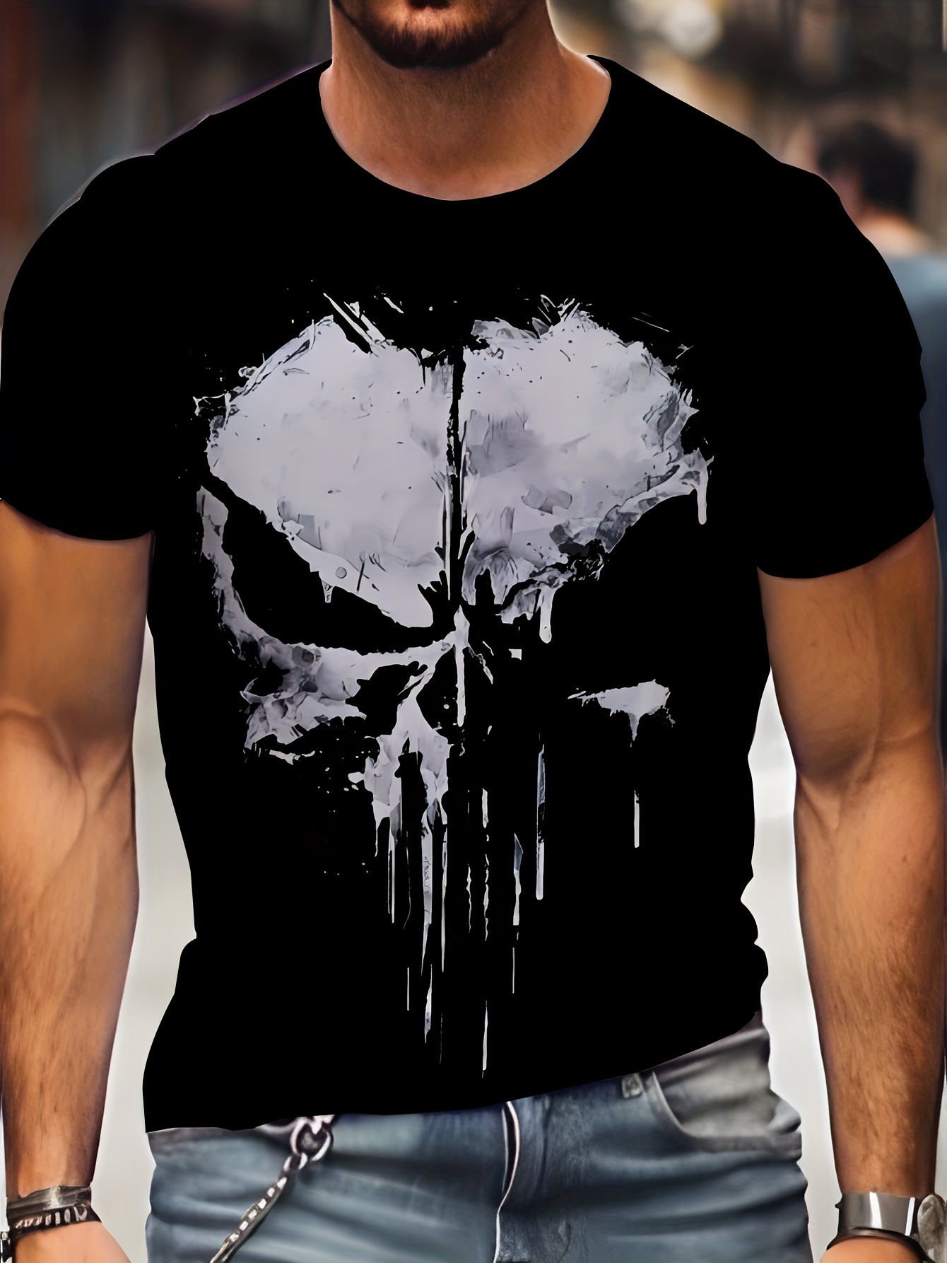 Skull Pattern 3D Print, Men's Plus Size Crew Neck Short Sleeve T-shirt, Casual Tops For Men, Men's Comfy Clothing For Daily Wear, Men's Gift