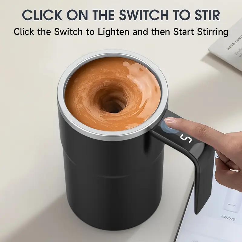 self stirring mug auto magnetic coffee mug with led display temperature rechargeable automatic stirring mug 12oz self mixing cup with lid to stir coffee mixed milk at desk use details 0