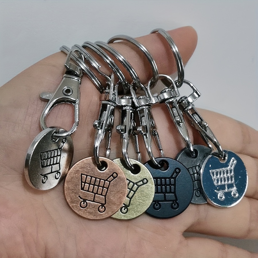 

Valentine's Day 6pcs Set Alloy Shopping Cart Trolley Token Coin Keyrings With Ring , Round Couple Keychains For Supermarket Decorative Accessories