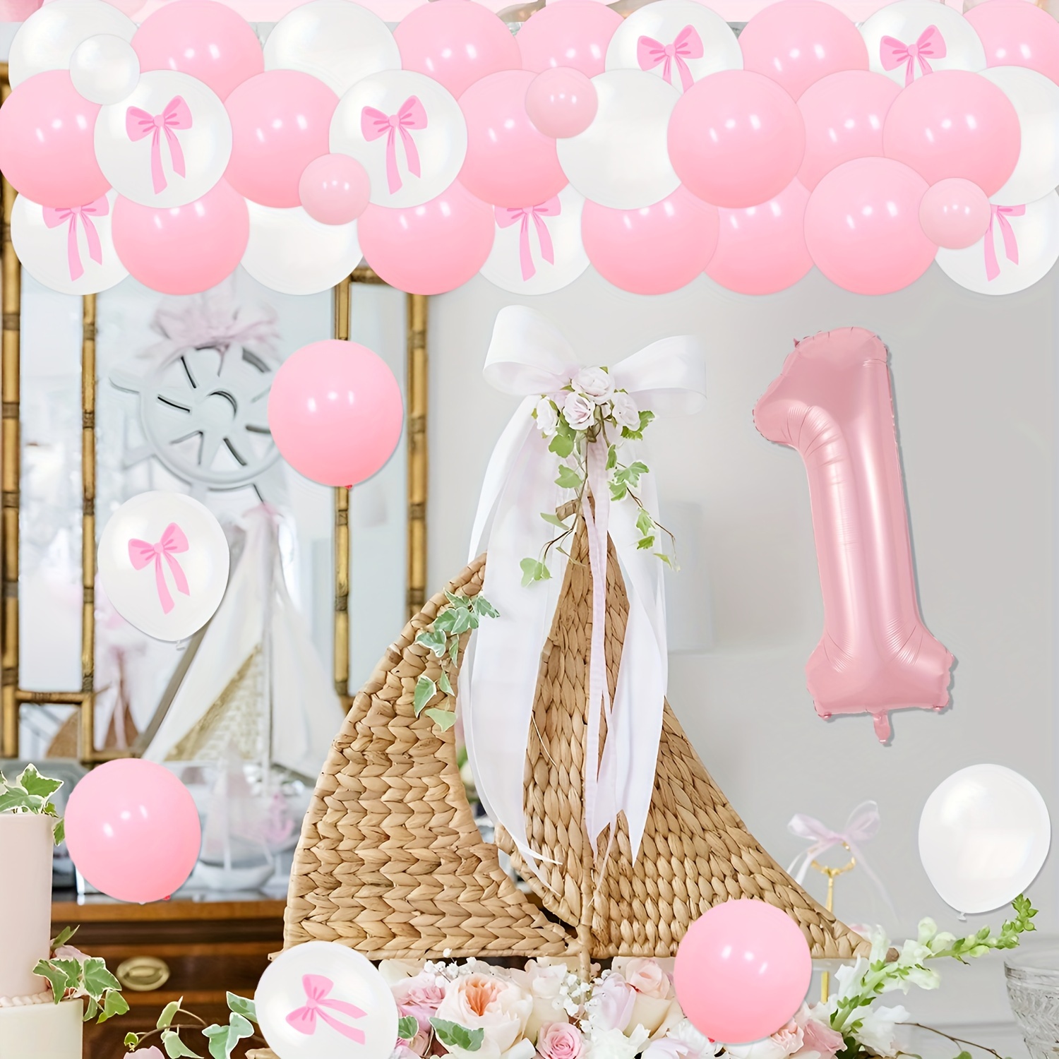 1set Pink Bow Princess Anniversary Birthday Decoration Bow Garland Arch  Kit Our Is Turning One Backdrop Pink Bow Number Foil Balloon