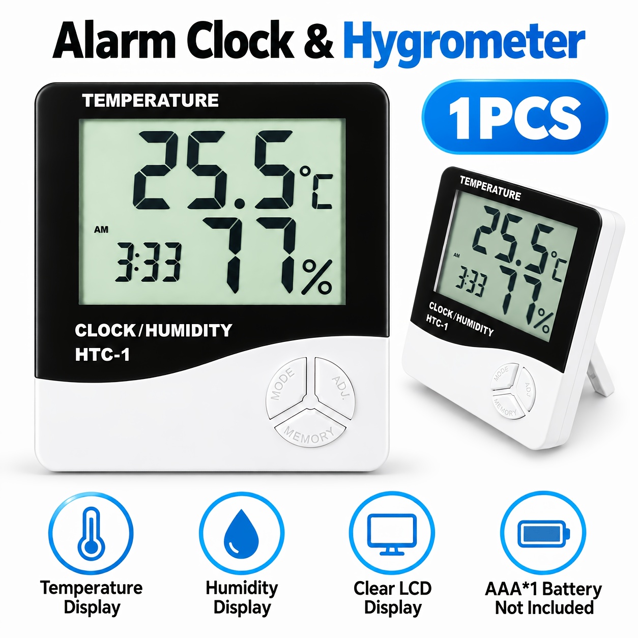 TEMU Réveil numérique avec thermomètre hygromètre d'intérieur, moniteur de température et d'humidité avec heure et alarme, horloge de bureau à grands
