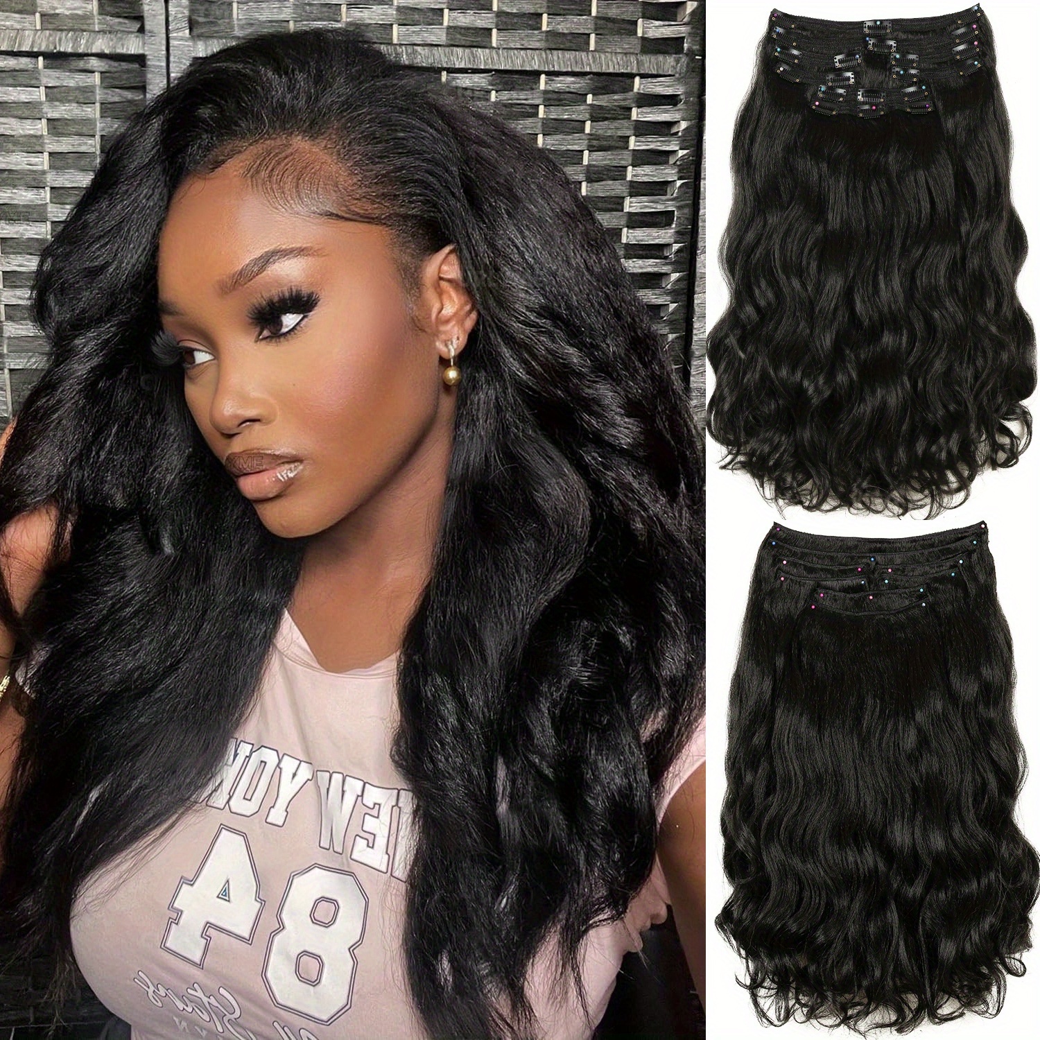 TEMU 8pcs Deep Wave Clip en Extension de Cheveux Synthétique Cheveux Crêpus Extensions de Cheveux Crêpus Bouclés Perruque Ondulée Corps Noir pour