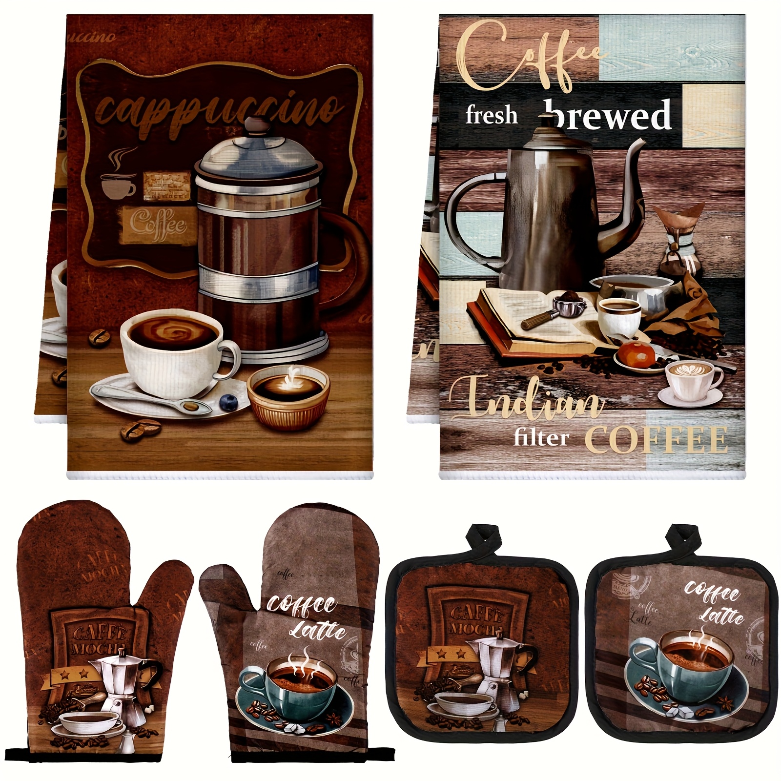 Set Of 6 Including Farmhouse-style Towels, And Oven Mitts, Featuring 2 Dish Towels, 2, And 2 Cooking Mittens In Dark Brown And