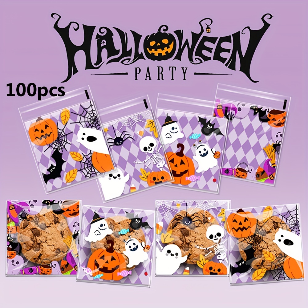 Image of 100-pack Of New Cartoon Pumpkin Halloween Cookie Snowflake Candy Bags, Self-sealing Party Gift Bags