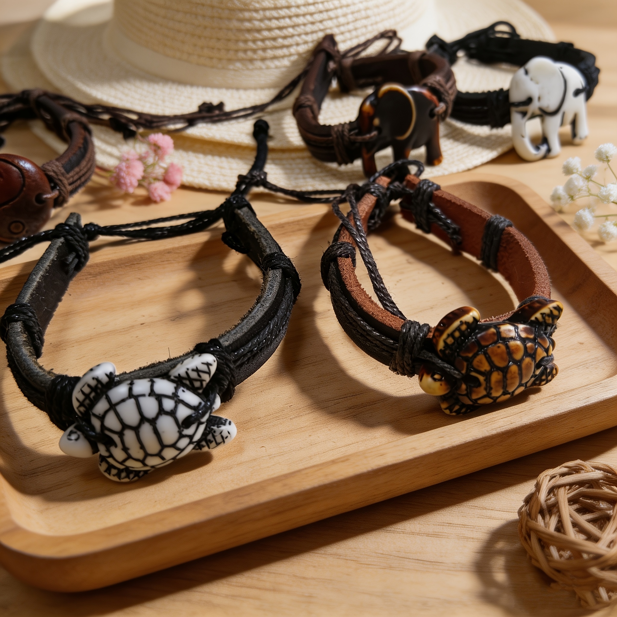 2pcs Retro Sea Turtle & Elephant Couple Pendant Set