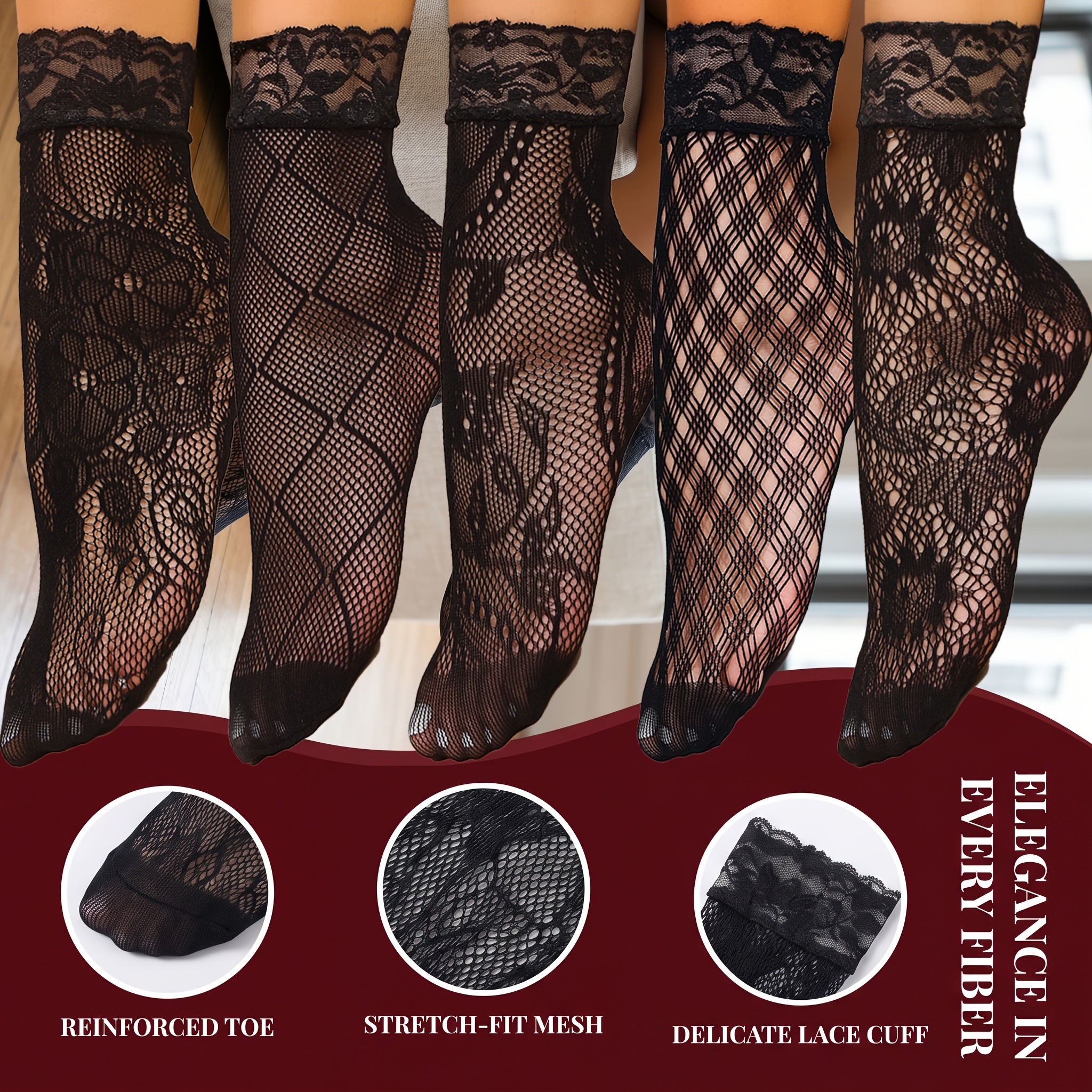 TEMU 5 Pairs Of Women's Short Socks, Lace Ankle Socks, Hollow-out Mid-calf Socks, Lace-trimmed Calf Socks