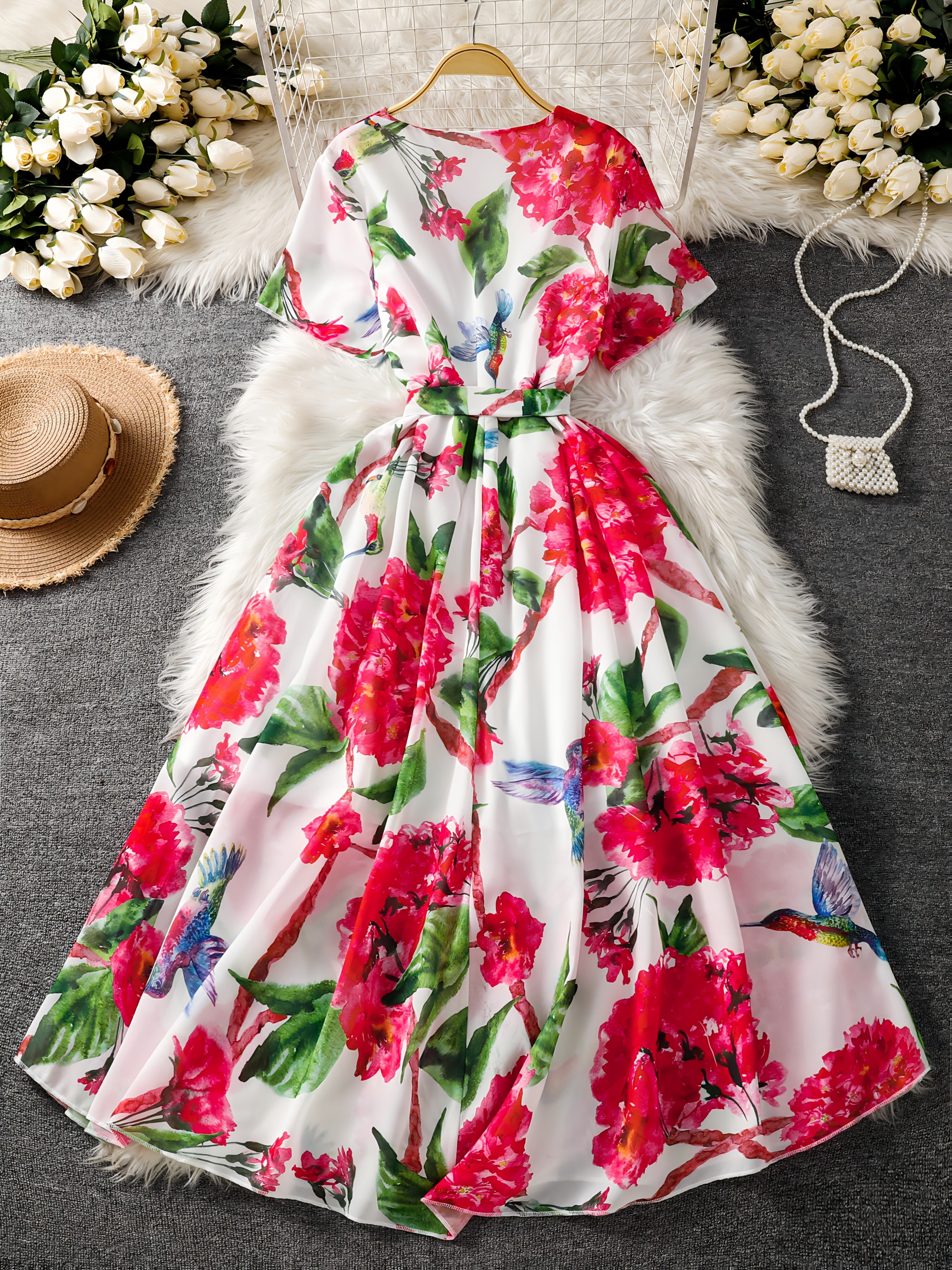 print v neck short sleeve chiffon midi dress belt flowy
