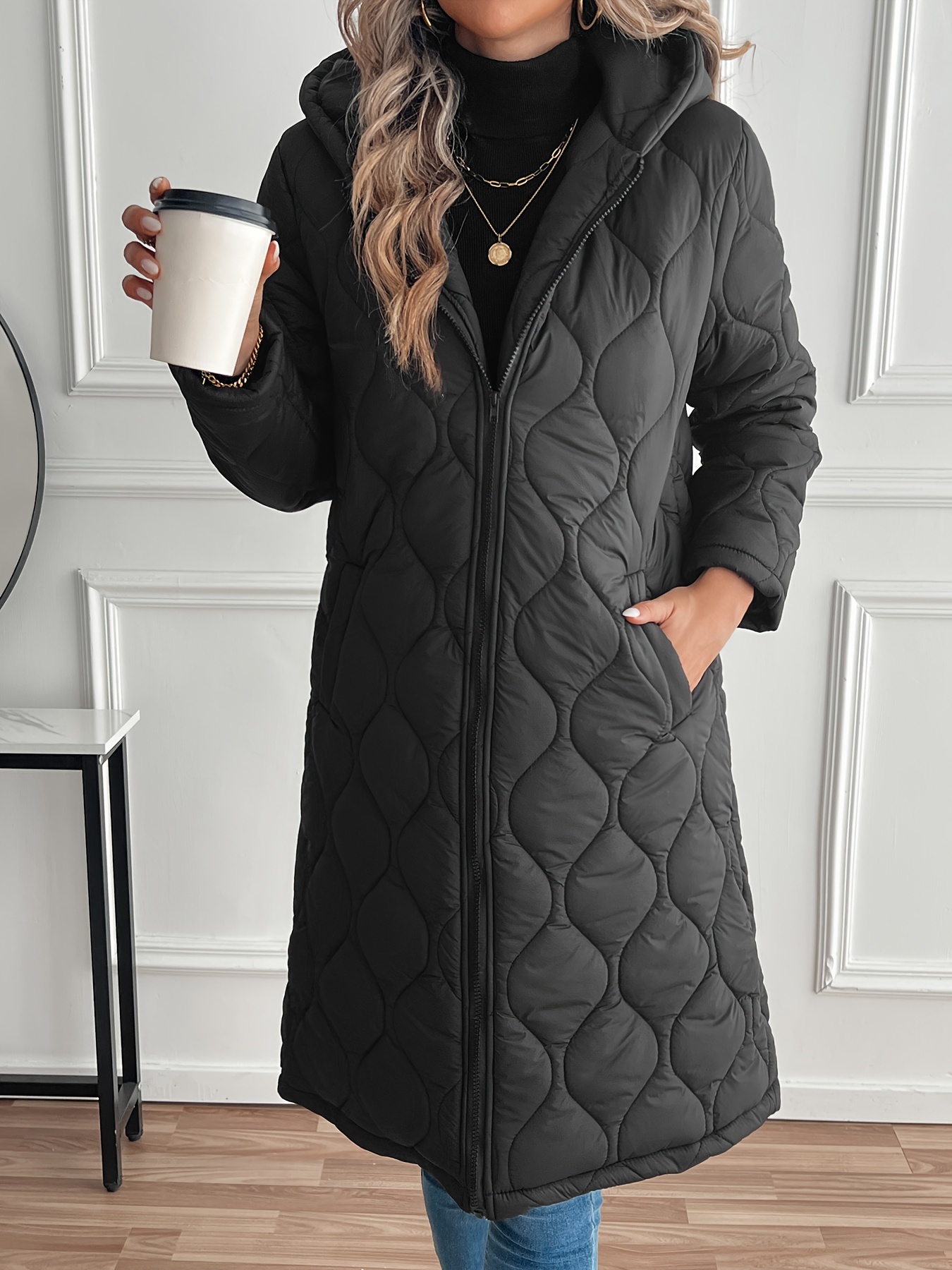 elegant long hooded winter coat women warm quilted puffer Temu