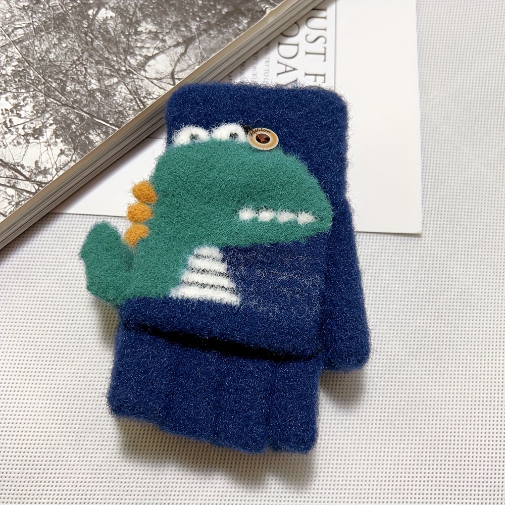 Image of Boys' Winter Gloves With Cartoon Dinosaur Design - 100% Nylon, Button Closure, Lightweight For & New Year Celebrations (mixed Colors)