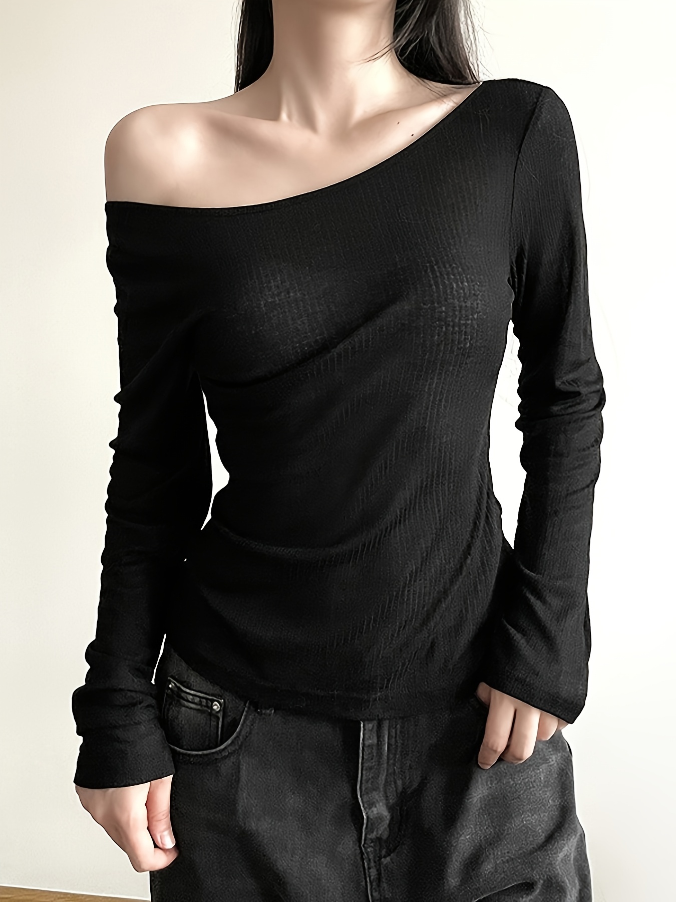 Women'S Off-Shoulder Tie Back Turtleneck Sweater Black, Long Sleeve,  Solid Color, Stylish Elegant for Fall, Autumn Casual Wear, Casual