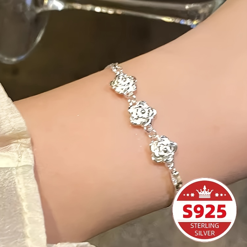 

3d Rose Pendant Bracelet In S925 Pure Silvery Women's Hand Ornament And Simple Flower Bracelet Gift Christmas Gift