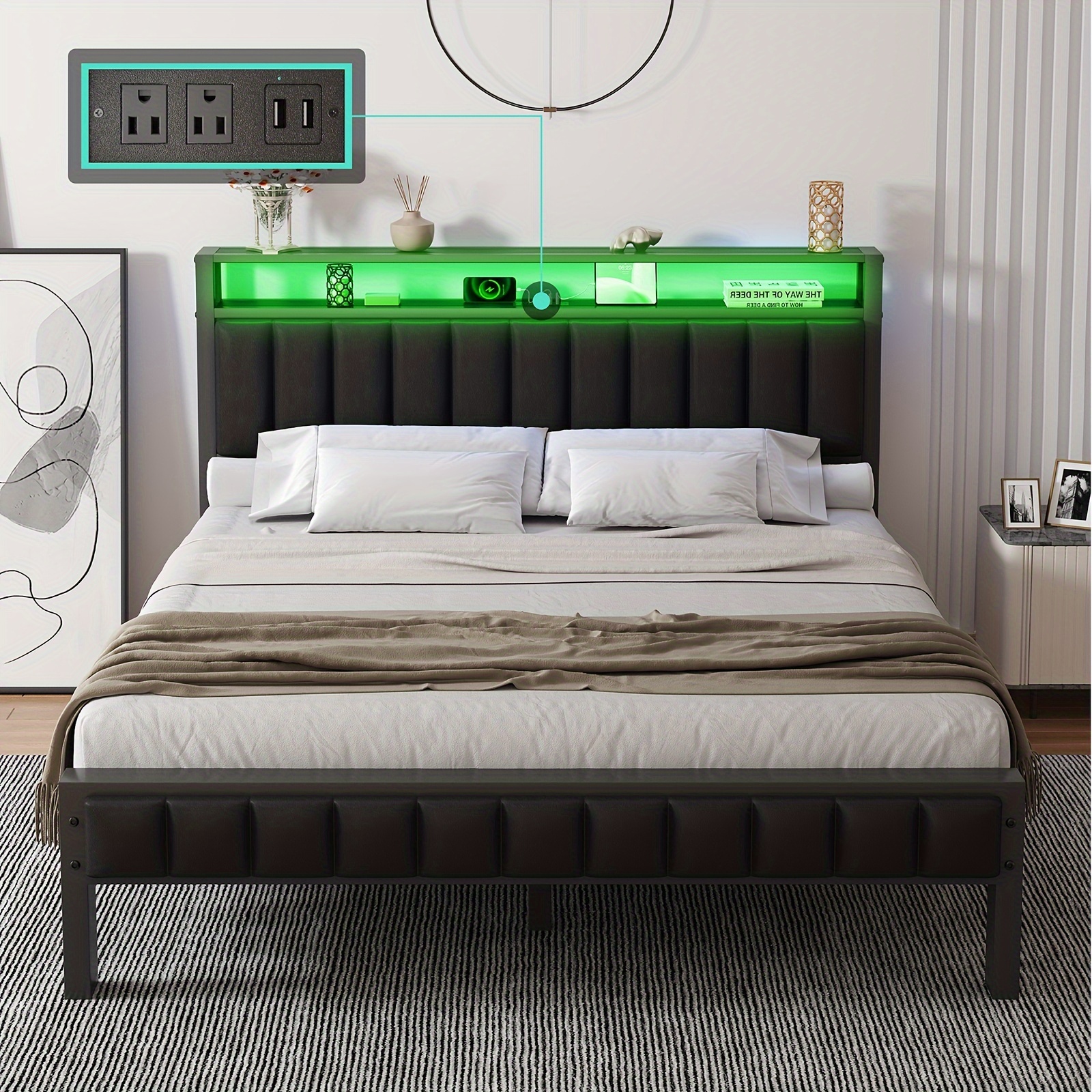 TEMU Bed Frame, Led Platform Bed With Leather Headboard, Charging Station, 2-tier Storage Space/ Spring Needed/noise-free