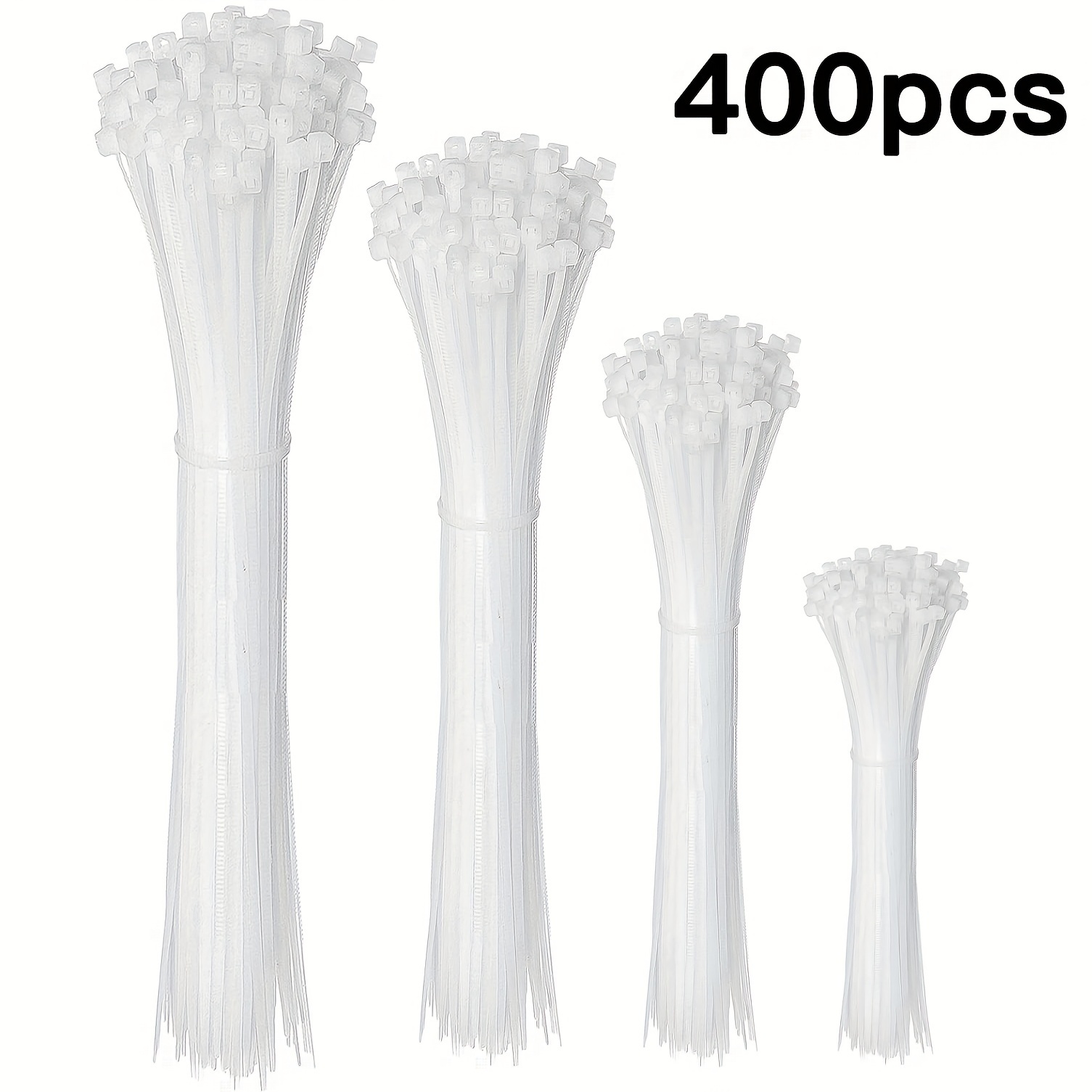 

200/300/400 White Nylon Cable Ties In Sizes (10+8+6+4 Inches), Multipurpose Self-locking White Nylon Ties, Premium Plastic Cable Ties Suitable For Home, Office, Garden, And Workshop.