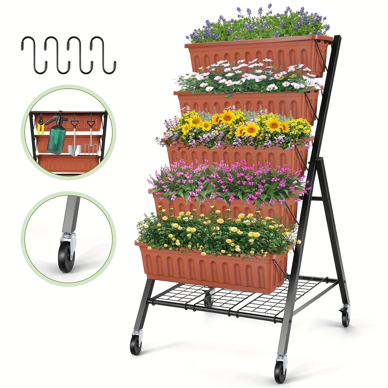 

4ft Vertical Garden With Removable Locking Wheels 5 And Mesh Shelf-tier Raised Garden Bed Planter Box For Patio Outdoor Planting Flower Freestanding Garden Planter With Storage Shelf, 30*26*48