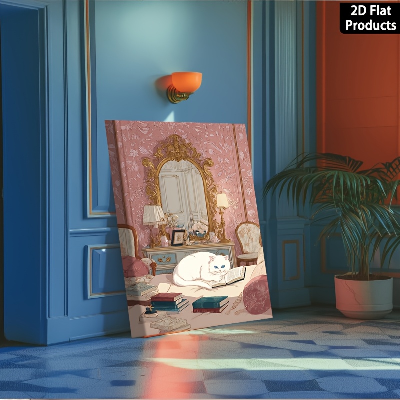 Canvas Painting Wall Decor Featuring a White Cat Reading a Book