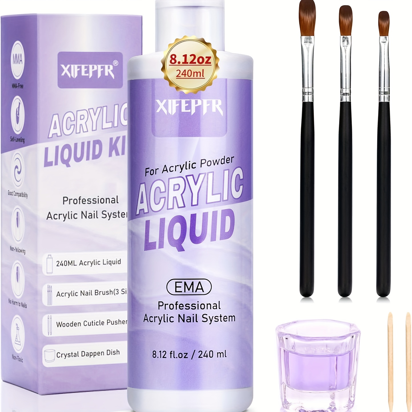 TEMU 7pcs Xifepfr 240ml/8.12fl.oz Monomer Acrylic Nail Liquid, High-capacity Acrylic Liquid For Acrylic Powder With 3 Size Acrylic Brushes, Mma-free