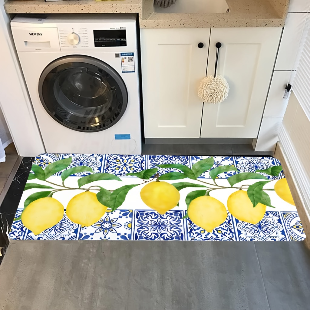 TEMU 1pc Vibrant Lemon & Vintage Blue Runner Mat - Non-slip, Machine Washable Polyester Floor Mat For Kitchen, Bedroom, Living Room - Ideal For