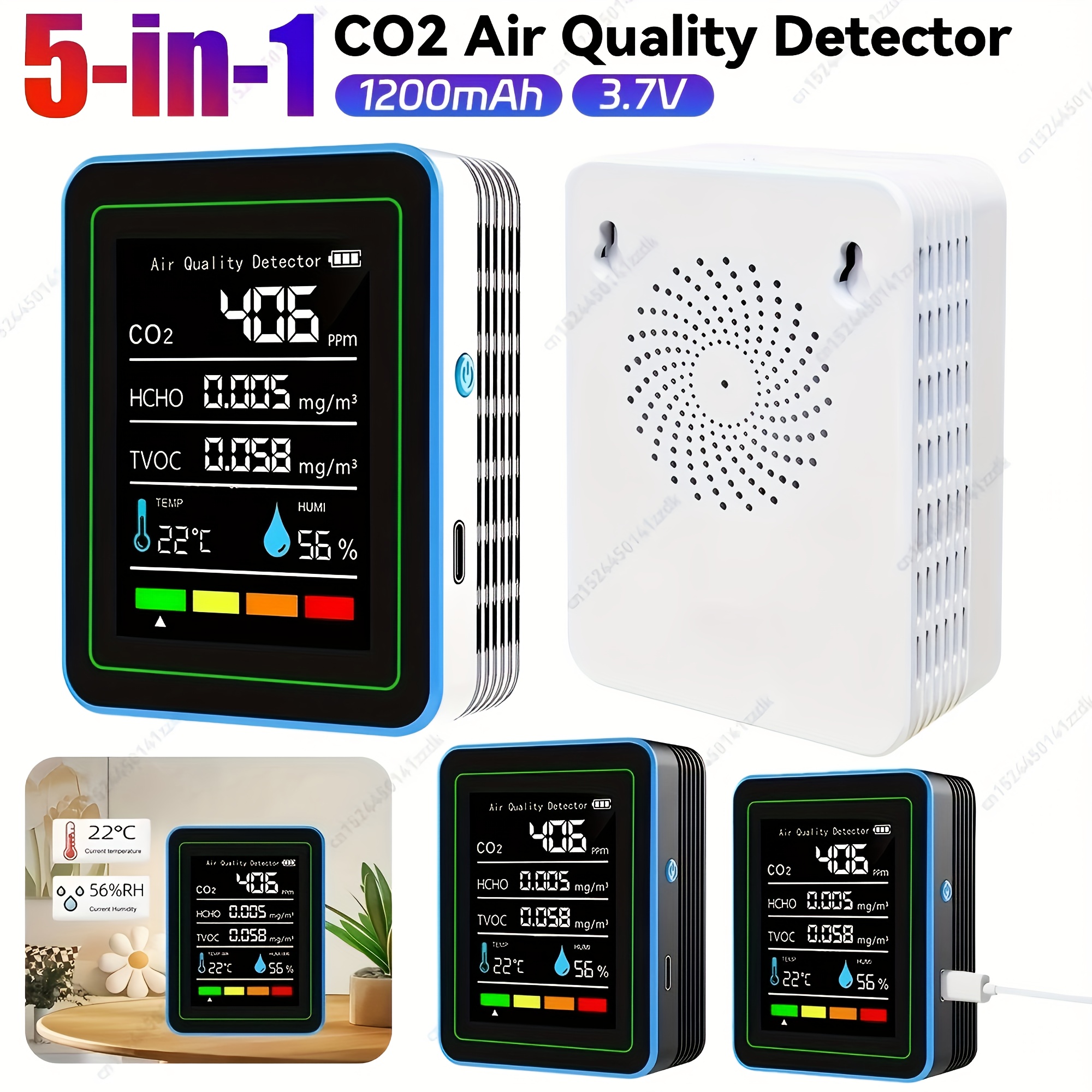 Monitor de calidad de aire portátil 5 en 1, detector de formaldehído y CO2 con datos en tiempo real de temperatura/humedad y alarmas, analizador recargable para interiores, ideal para hogar, oficina o escuela, regalo perfecto para Navidad o Día de la Madre (ligera variación en precisión)
