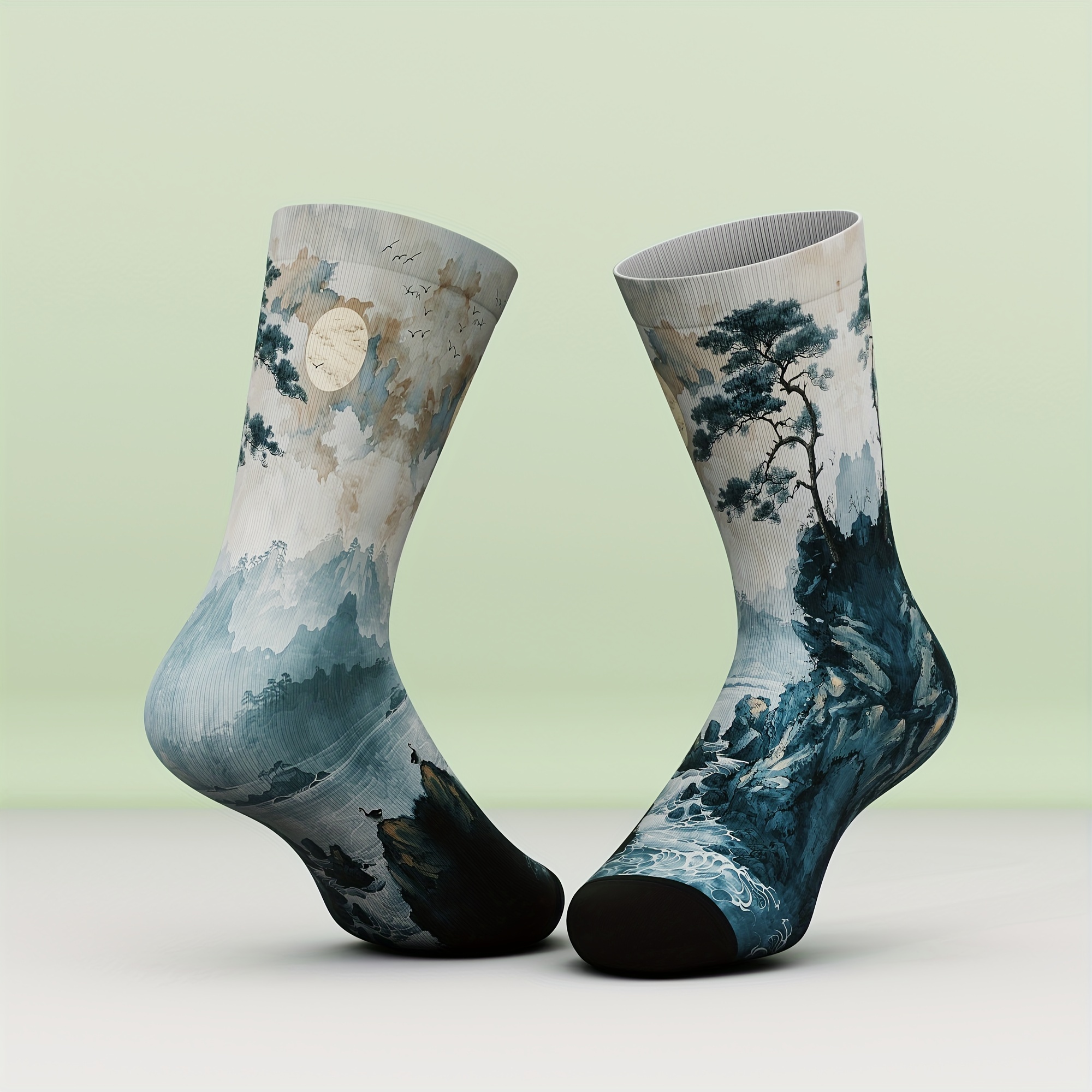 Image of A Pair Of Unisex Socks, Featuring Chinese Landscape Painting Elements With 3d Printing, Comfortable And Soft, Suitable For Outdoor Casual Wear, Wearable In