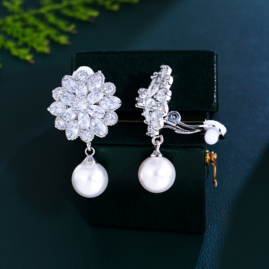 

Sparkling Cubic Zirconia Faux Pearl Pendant Flower Clip On Earrings For Women Elegant Bridal Wedding Party Jewelry Accessories Non Piercing Earrings