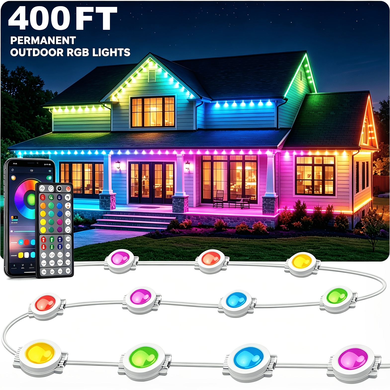 TEMU 400ft Classic Rgb Led Eave Lights, Control Ip68 Color Changing House Roof Decor Light, Multi Mode Holiday String Light For Backyard Patio