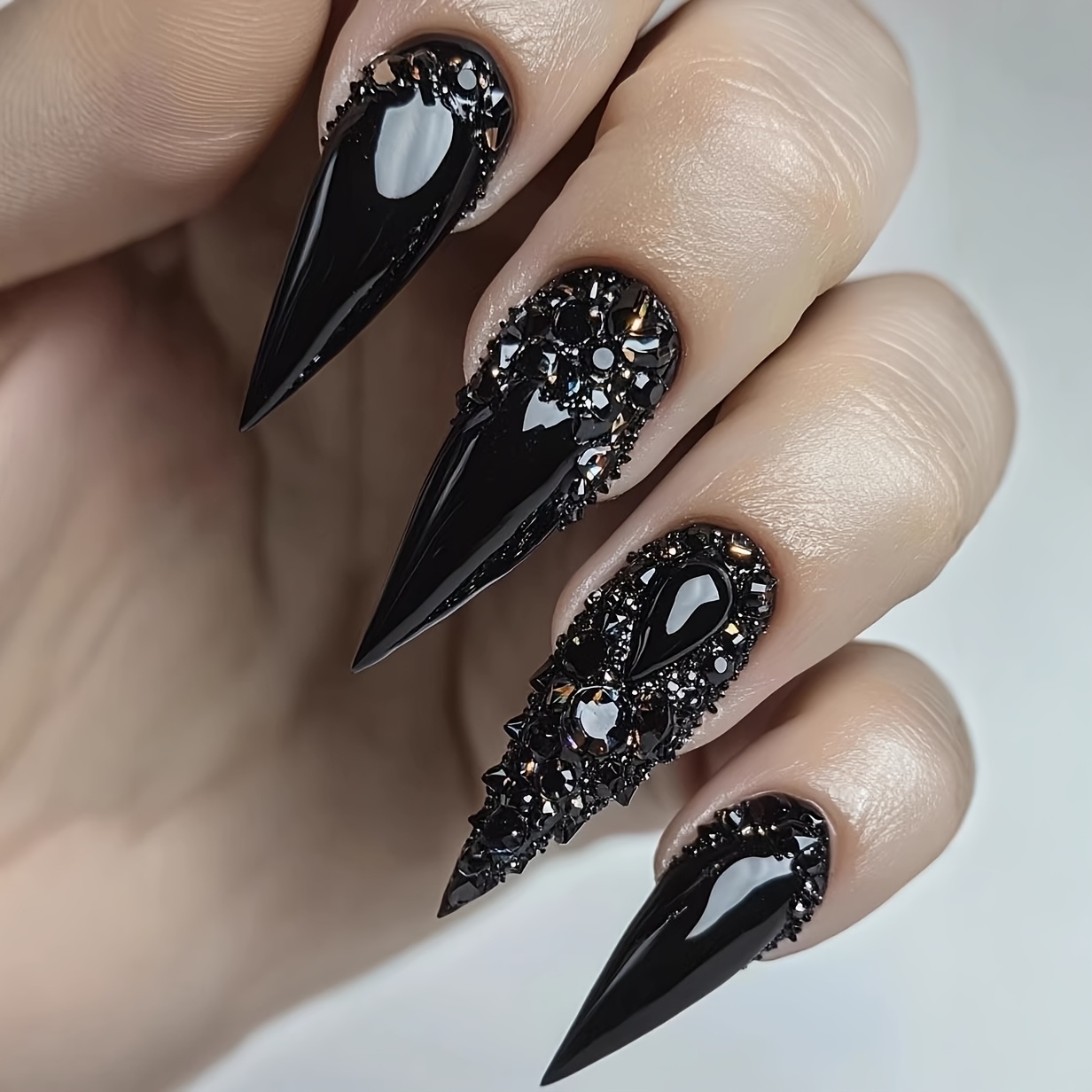 TEMU 24pcs Long Almond-shaped Fake Nails, Gothic Rhinestone Wearing Nail Design, Glitter Detachable Fake Nails