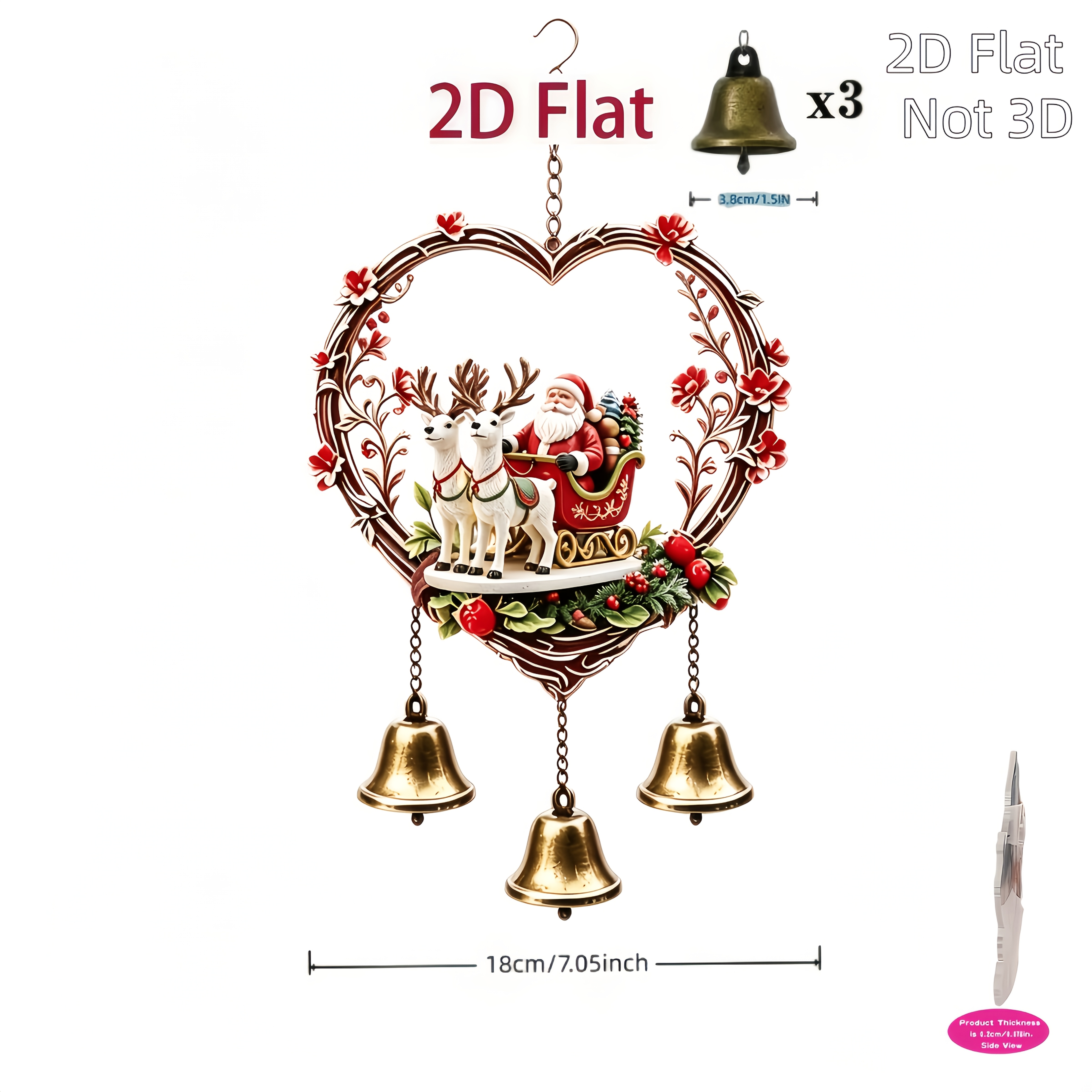 TEMU [2d Flat] Red Floral Carved Heart 3 Copper Bells Metal Wind Chime, Santa Claus On A Sleigh With And Christmas Berry Decorations, Vintage Metal