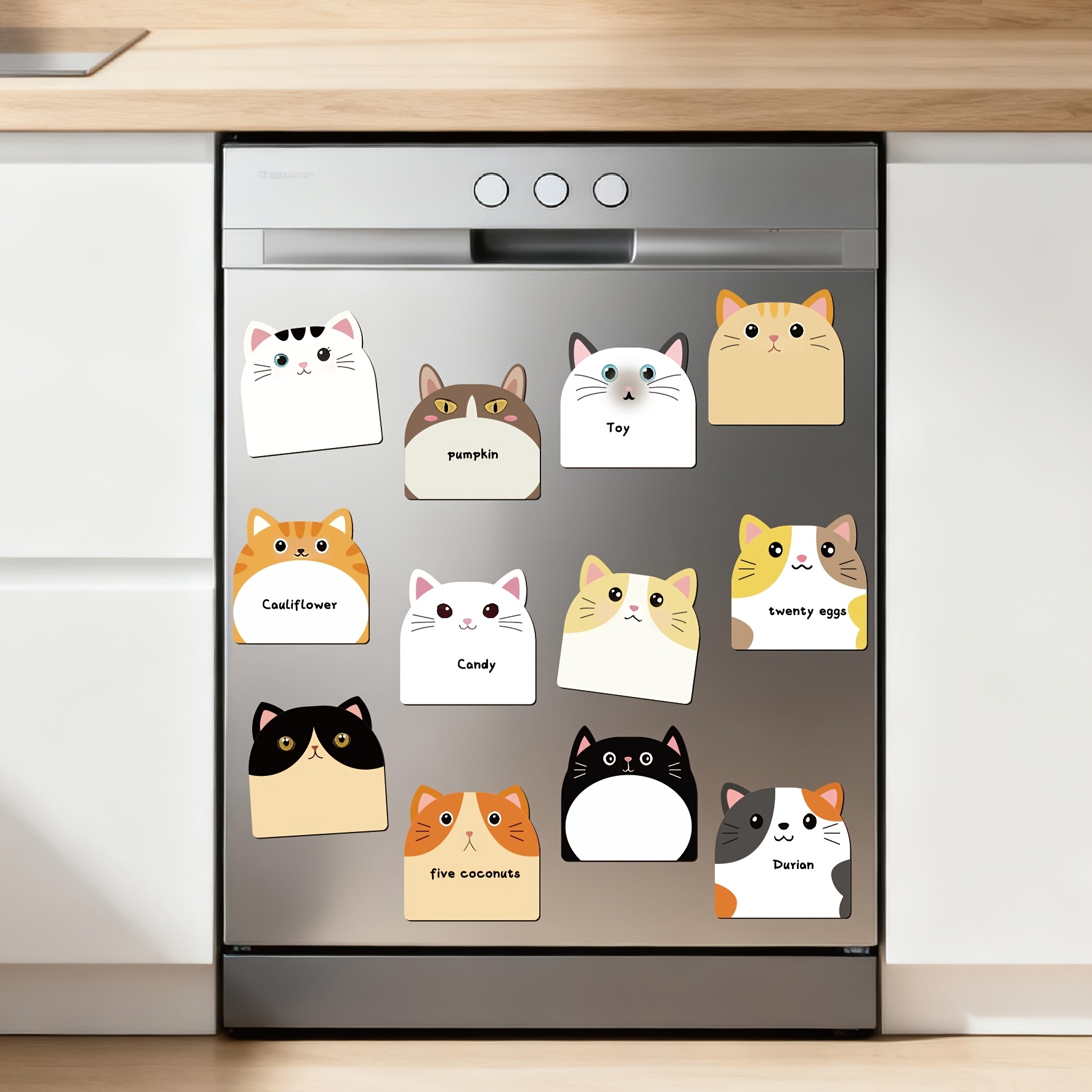 TEMU 13 pièces Ensemble de Bloc-Notes Magnétiques - Inclut 12 Tableaux de Messages Réutilisables à Thème Chat (10x10 cm) + 1 Stylo Magnétique. Adapté
