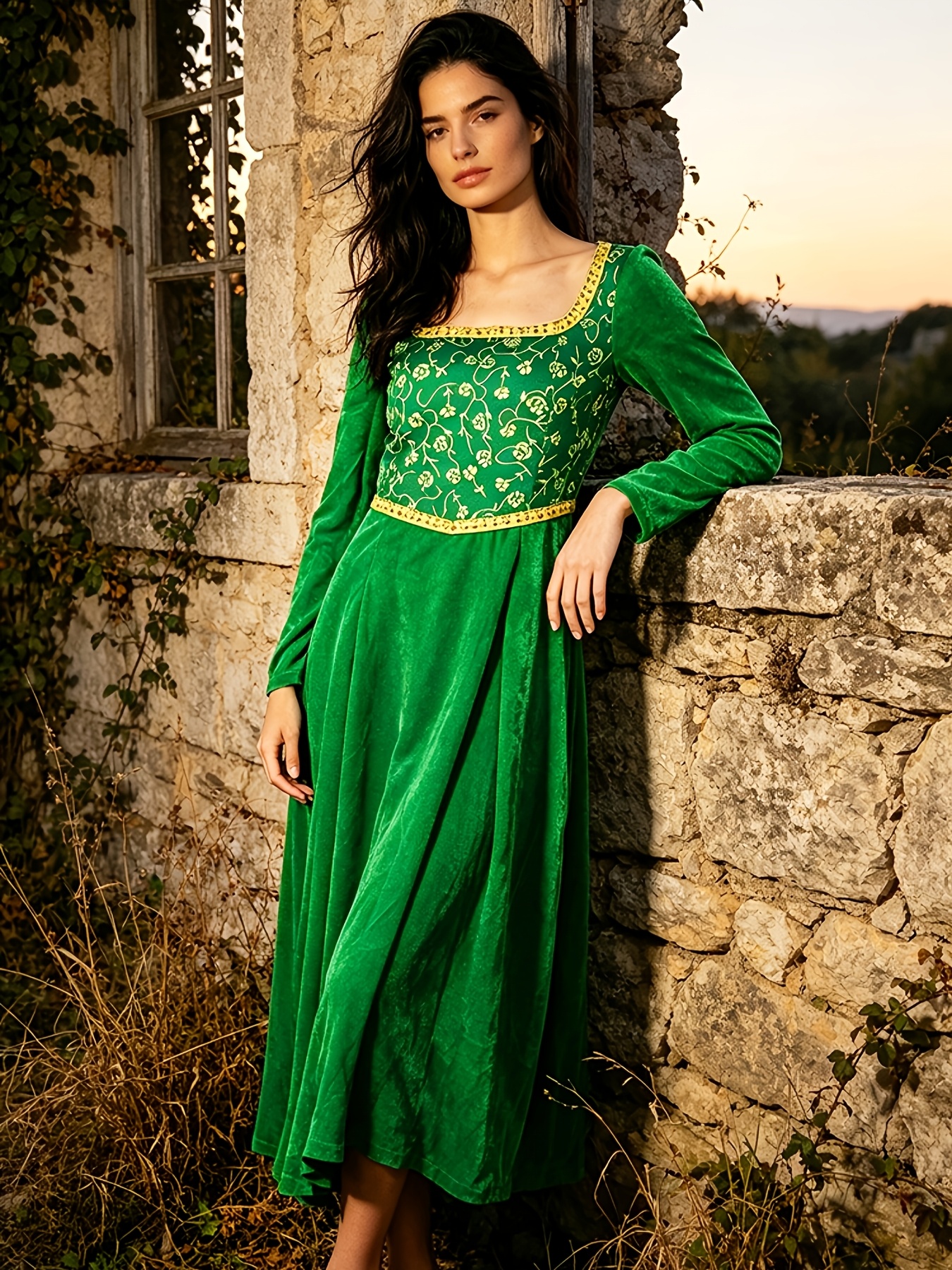 green velvet renaissance dress women medieval princess long golden medieval renaissance dress