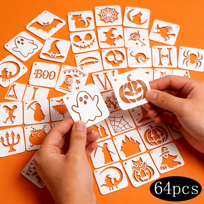 TEMU 64 pochoirs d'Halloween pour peinture - 3X3 pouces - Citrouille, , Chauve-souris, Toile d'araignée, Sorcière, Crâne - Modèles de peinture