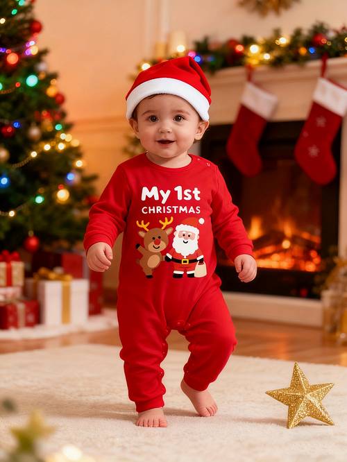 kerst cartoon letter print baby bodysuit en , rode baby onesie met lange mouwen, leuke peuter bodysuit met lange mouwen en ronde hals, baby uitje kruippak, buitenkleding, peuter kleding, kerstcadeau, pasgeboren kleding, voor buiten