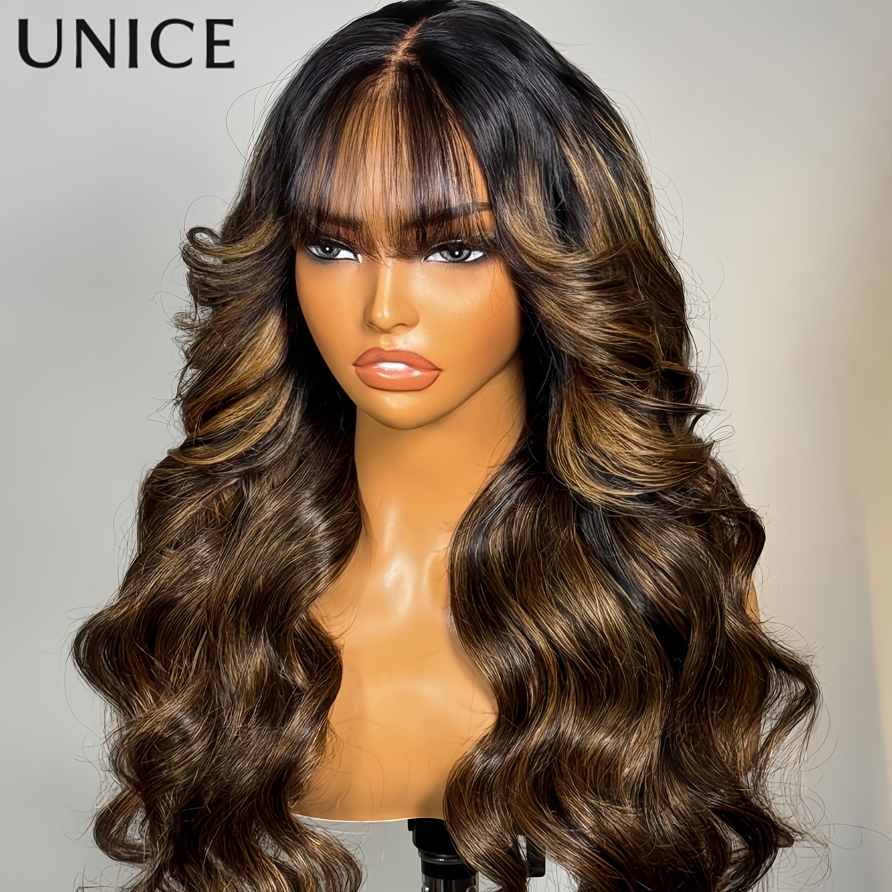 Unice 13x4 Pre-everything Lace Frontal Black Fluffy Natural Loose Wave Curtain Bangs Human Hair Drawstring Wig