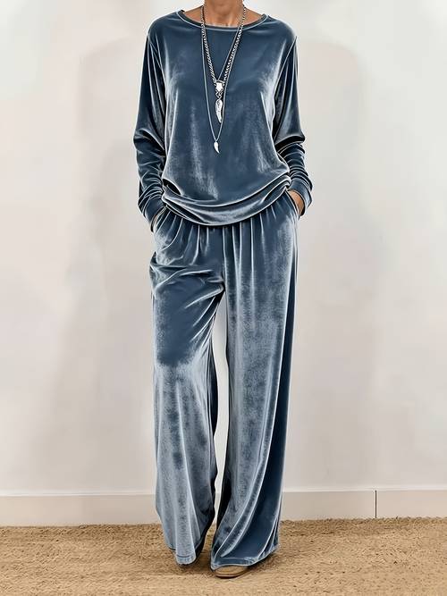 item picture velvet round neck long sleeve top and wide leg pants two piece set for women loose drapey casual suit