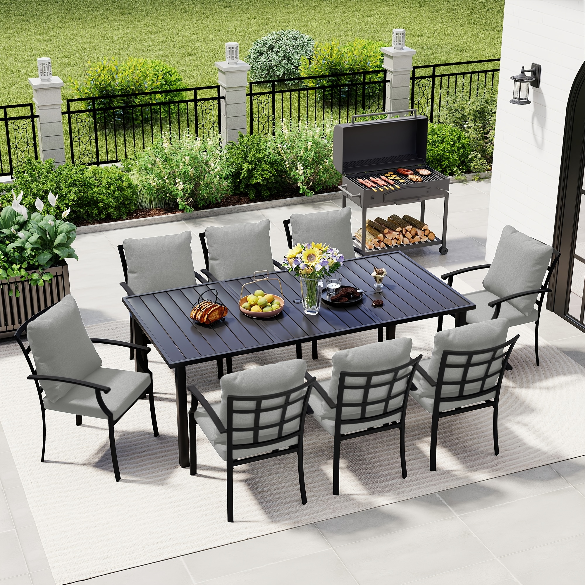 9pcs Outdoor Dining Set - Patio Dining Set for 8. Includes 1 Rectangular Table, 8 Dining Chairs with Cushions, for Lawn, Garden