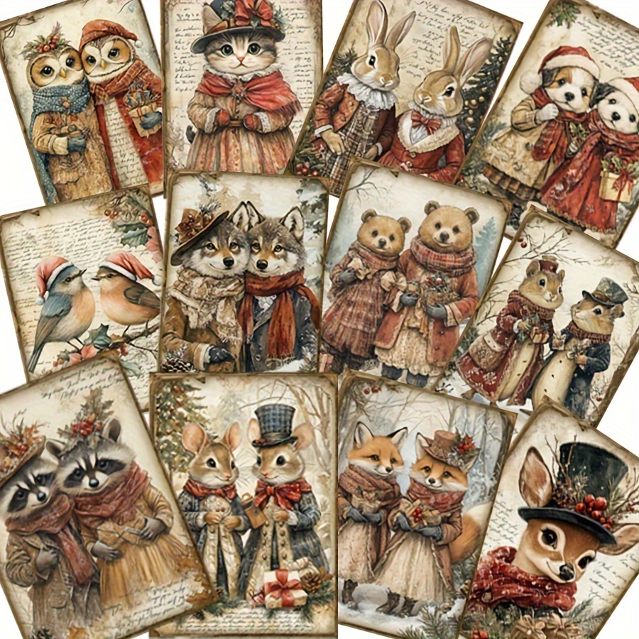 

Vintage Christmas Card & Sticker Set - 52pcs, Reindeer & Cat Designs For Diy Crafts, Scrapbooking, Greeting Cards & Decor