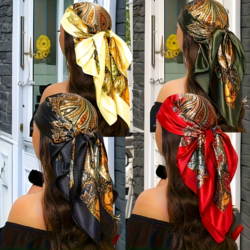 E-shop 4er-Set mit 35,43*35,43 Zoll quadratischen Schals, erhältlich in 4 Farben, modischer bedruckter Damen Kopftuch Schal, ohne Elastizität,