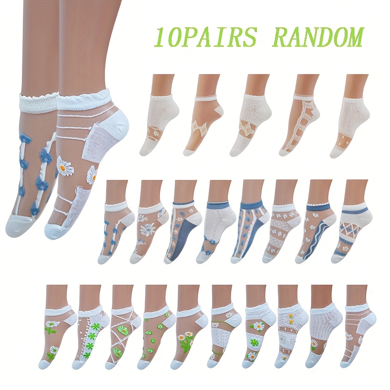 Random 10 Pairs Of Transparent Blue, Green, White, And Yellow Short Socks With Small Floral And Floral Patterns, Comfortable, Cute, And Fashionable For, For Teenager