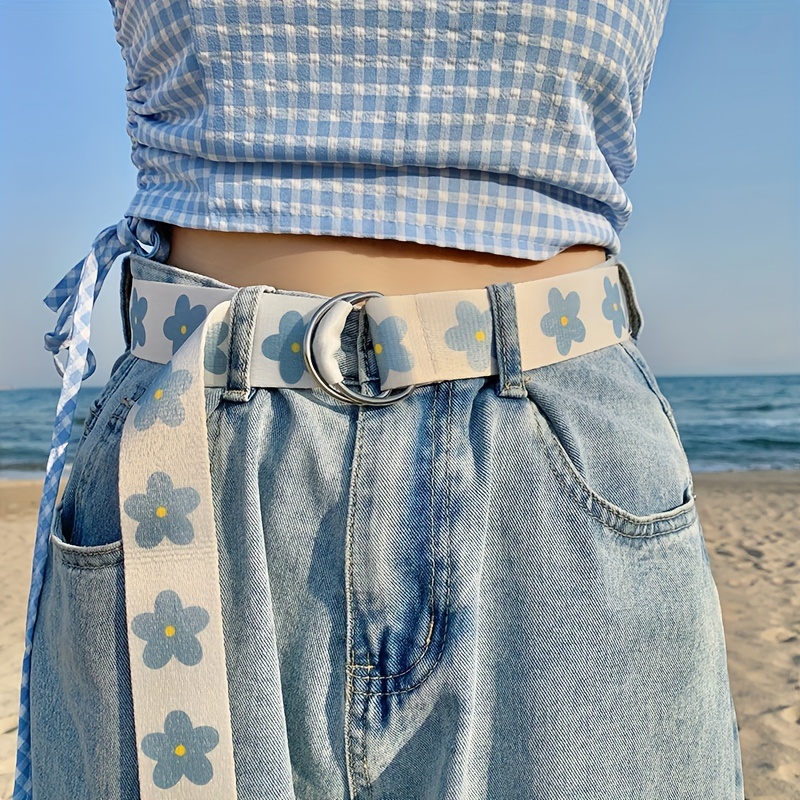 

Blue Flower Print Canvas Belts For Women Daily Uses Casual White Waistband Simple Double D Buckle Jeans Pants Belt