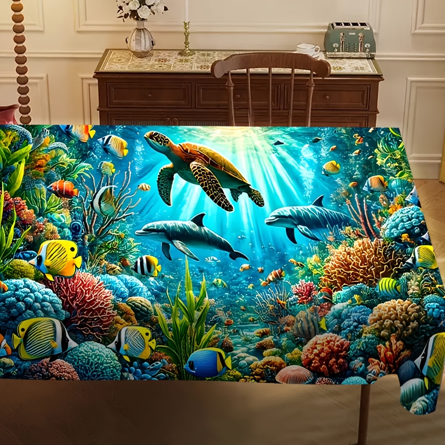 TEMU Ocean-themed Tablecloth With Sea Turtle, Dolphin, , And Coral Patterns, Machine-washable Polyester Tablecloth. Large-size Elegant Decorative