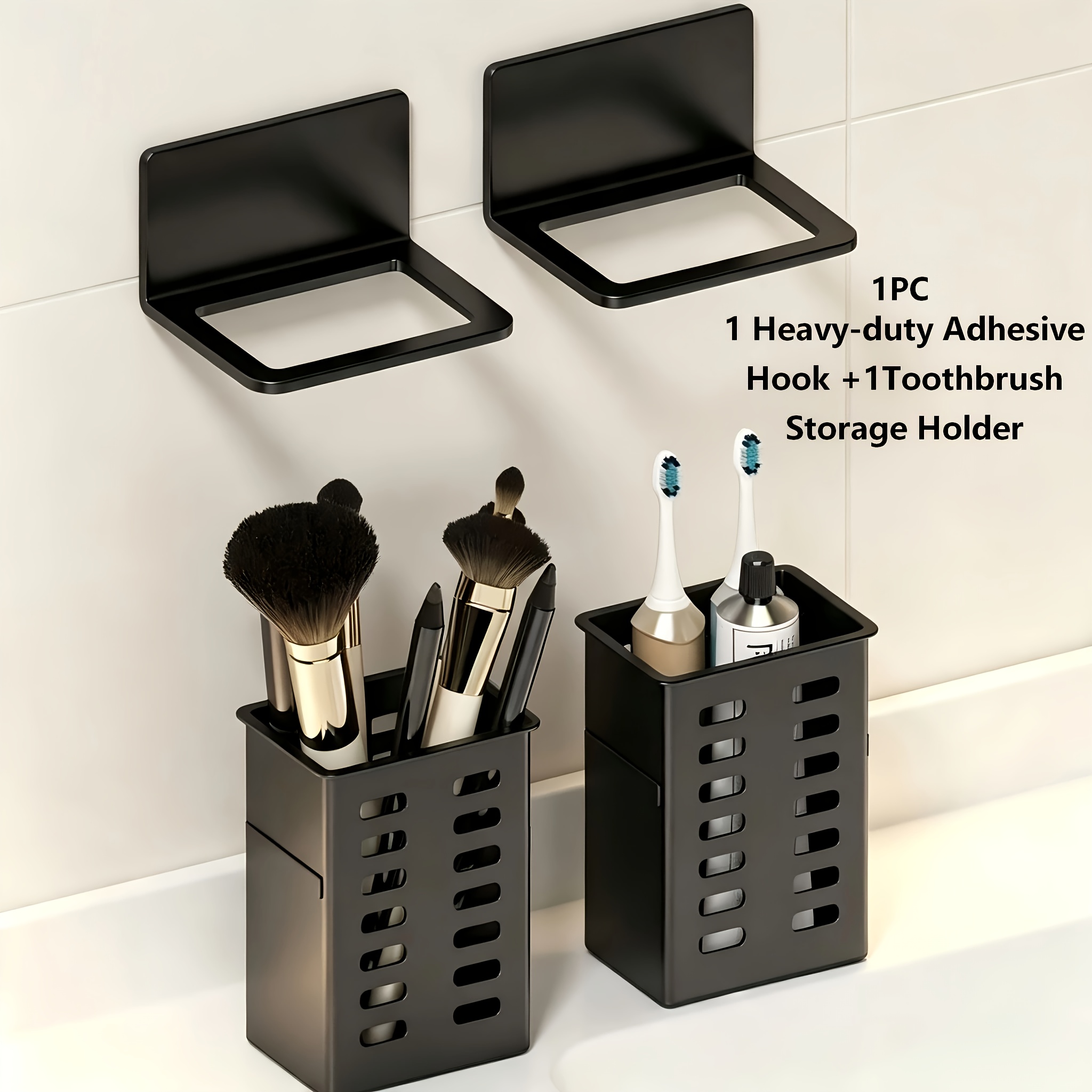 TEMU 2 piezas: cepillos de dientes + 1 gancho adhesivo, cesta de almacenamiento de pared sin taladro, organizador multifuncional para baño, cocina,