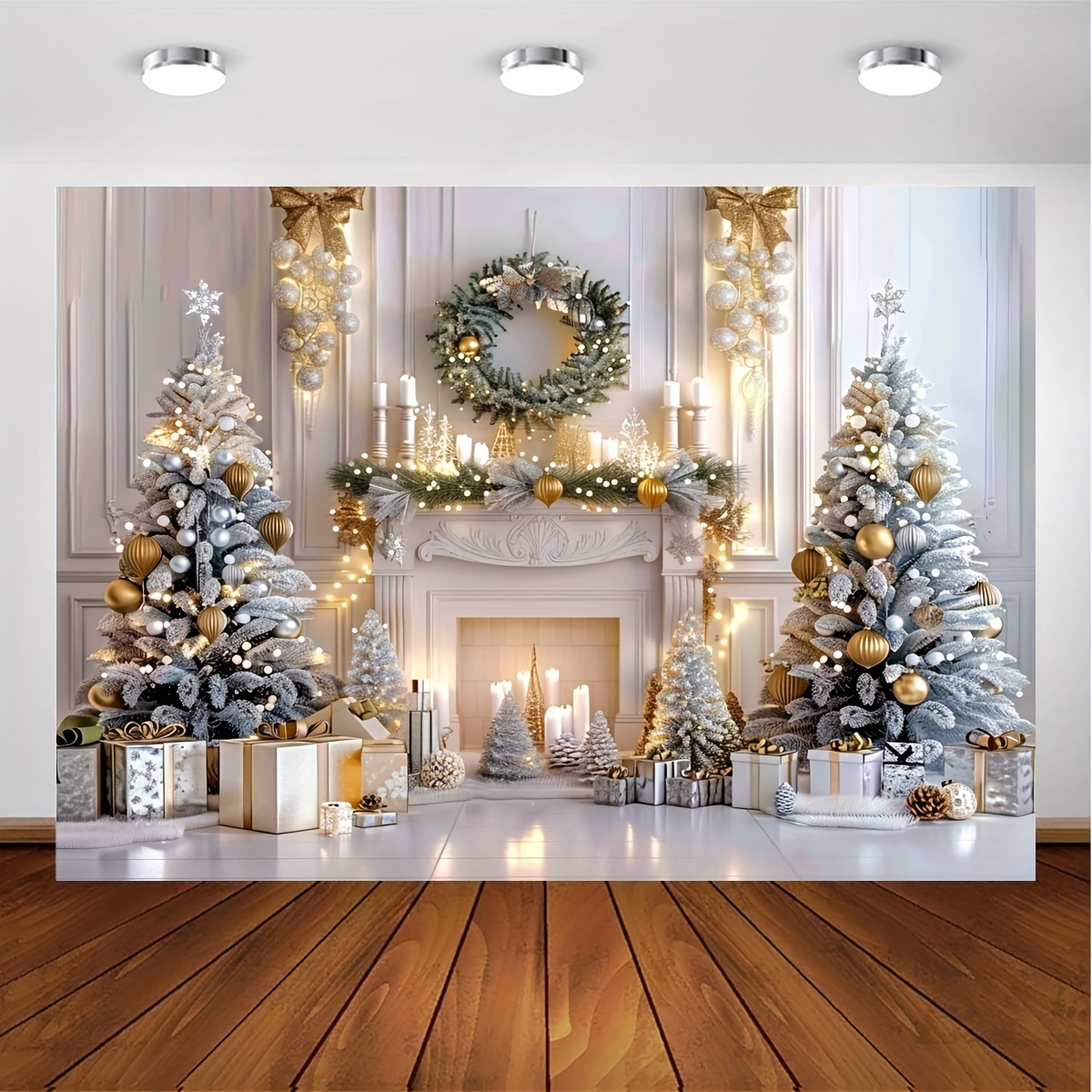 

Elegant White Christmas Fireplace Backdrop With Gift Trees And Wreath - Indoor Living Room Winter Holiday Photo Studio Props - Multi-purpose Party Decor - No Electricity Required