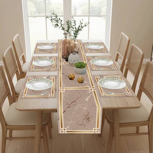 5 7pcs beige marble table runner and placemat set golden geometric frame elegant table decorations suitable for daily dining parties
