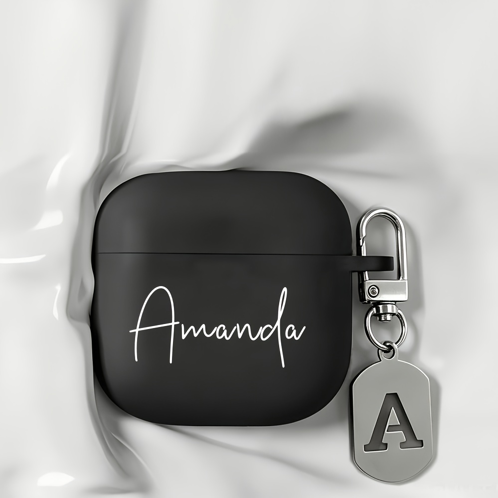 TEMU Personalized Text Customization For Airpods 1/2/3/4/5/pro/pro 2/pro 3, Black Silicone Soft Case With Exquisite Hardware Letter Pendant